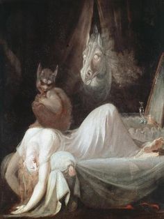 a painting of a woman laying in bed with a cat next to her and another creature looking at her