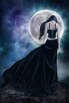 a woman standing on top of a rock in front of a full moon with blood dripping from her eyes