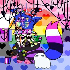 an image of a cartoon character holding a cat in front of a rainbow colored background