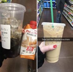 two pictures side by side one shows a plastic cup and the other shows a carton of ice cream