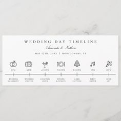 a wedding day time line on a white marble tablecloth with the date and icons