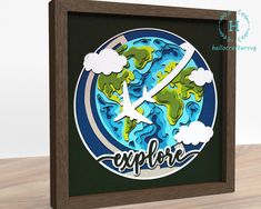 an image of a clock with the word explore on it in front of a wooden frame