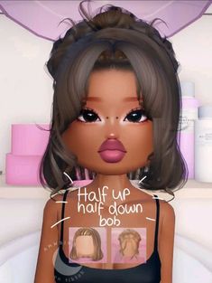 an animated image of a woman with hair up and half down bobs on her head