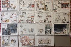 several pages of cartoon characters are displayed on a tablecloth with red and white checkered cloth