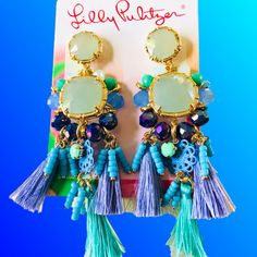 Lilly Pulitzer Statement Earrings Spectacular Style Tropical Bohemian Vibe Lilly Exquisite “ Island Exotic ” Tassel Design Magnificent Color Combination! Tropical Blue Combination Vibrant Turquoiseroyalperiwinkle Mintseafoam Green Brand New On Lilly Pulitzer Card These Statement Earrings Will Add An Exotic Tropical Boho Ethnic Touch To Any Outfit! High Quality.Made So Beautifully . Lightweight, Comfortable - Not Heavy Pierced Post Approximately 3 “ In Length This Will Arrive In A Velvet Pouch - Blue Bohemian Beaded Fringe Tassel Earrings, Blue Beaded Fringe Tassel Earrings For Summer, Blue Beaded Fringe Tassel Earrings For Festivals, Adjustable Blue Tassel Earrings For Parties, Blue Bohemian Tassel Earrings With Dangling Beads, Summer Blue Beaded Earrings With Tassels, Blue Bohemian Tassel Earrings, Blue Tassel Earrings With Dangling Beads For Summer, Summer Blue Beaded Earrings With Fringe