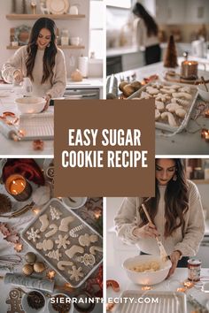 a woman making cookies in her kitchen with the words easy sugar cookie recipe on it