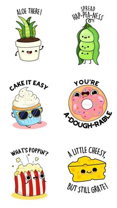 six stickers with different types of food and words on them, including donuts