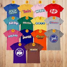 various t - shirts with the names and numbers printed on them, all in different colors