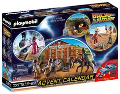 the playmobil playset has an image of two people riding horses and a train