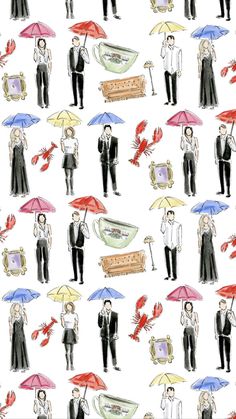 an image of people with umbrellas on a white background seamless wallpaper pattern