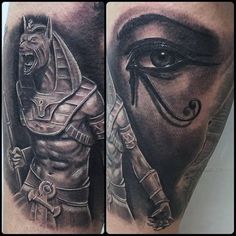 an egyptian tattoo with the eye of horush and an all seeing man on his arm