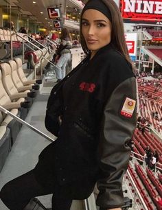 Olivia Culpo San Francisco 49ers Bomber Jacket 49ers Jacket, Trendy Leather Jacket, Christian Mccaffrey, Nfl Playoffs, Football Game Outfit, Nfl Outfits, Olivia Culpo, Houndstooth Jacket, Aviator Jackets