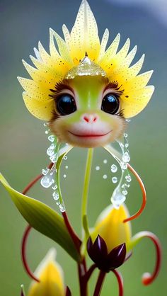 a little lizard with a flower on its head and water droplets around it's eyes