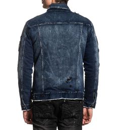 Afflliction Men's Moto Jacket Distressed Moto Outerwear For Winter, Distressed Moto Winter Outerwear, Winter Moto Distressed Outerwear, Winter Distressed Moto Outerwear, Distressed Moto Style Outerwear, Denim Biker Jacket With Pockets, Distressed Biker Outerwear For Streetwear, Rugged Long Sleeve Biker Jacket For Streetwear, Rugged Distressed Outerwear For Biker Events