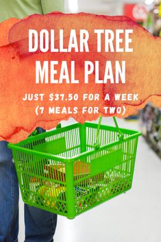 a person holding a green shopping basket with the words dollar tree meal plan just $ 51 50 for a week 7 meals for two