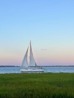 a sailboat on the water with grass in front of it and a sky background