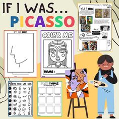 a poster with pictures and words on it that says if i was picasso color me