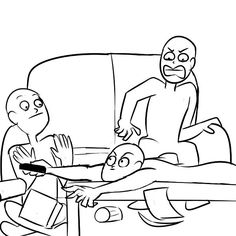 an image of a man being taken off the couch by two other people coloring page