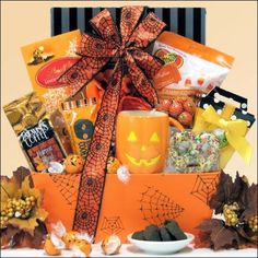 a halloween gift basket with candy and treats