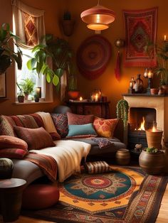 a living room filled with lots of furniture next to a fire place and potted plants