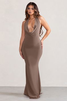 Step out in style in our beautiful Milani maxi dress. Perfect for making an entrance. this mocha maxi dress features a plunging cowl neck. scoop back design and curve contouring fishtail silhouette to highlight those curves in all the right places. Crafted in our premium jersey fabric. Milani is the ultimate event dress that will never go out of style. Features - Premium stretch jersey- Plunge cowl neckline - Halter swanhook closure- Fishtail skirt- Maxi length Sizing & Fit Model is 5'7 and wear Bd Outfits, Dress Fishtail, Fishtail Maxi Dress, Black Dress Prom, Event Dress, Fishtail Skirt, Black Tie Gala, Christmas Party Dress, Maxi Dress Navy