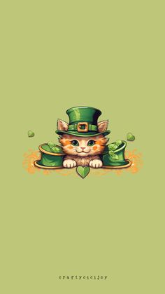 a cat with a green hat and clovers on it's head