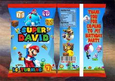 the back and side of a bag of super mario birthday party candy