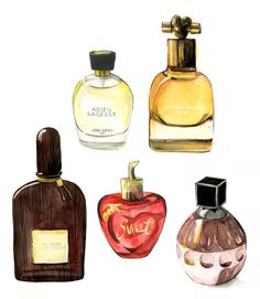 four different perfume bottles are shown on a white background