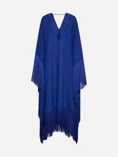 Taller Marmo's Very Ross long kaftan in royal blue viscose and acetate blend crepe featuring a front and back V neck and decorative fringes at the hem. Composition: 78% acetate 22% viscose | Taller Marmo Women's Very Ross Viscose-blend Kaftan in Blue | SS24 Elegant V-neck Dress With Tassels, Silk V-neck Kaftan For Formal Occasions, Elegant Long Dress With Tassels, Long Evening Dresses With Tassels, Evening Long Dresses With Tassels, Taller Marmo, Long Kaftan, Drape Sleeves, Zimmermann Dress