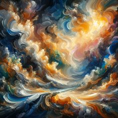 an abstract painting with many colors and clouds in the sky, as if it were painted on