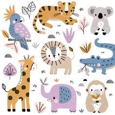 various animals and plants are grouped together in this hand drawn doodle style design set