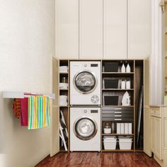 a washer and dryer sitting in a room next to each other on shelves