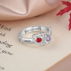 Personalized Double Heart Promise Rings for Women Heart Promise Rings, Gifts For Girlfriend, Birthstone Colors, Doll Jewelry, Wedding Engagement Ring, Double Heart, Stone Heart, Pricing Jewelry, Promise Ring