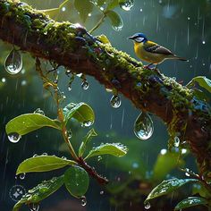 a bird sitting on a branch in the rain with drops of water hanging from it