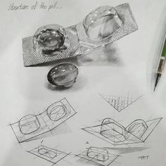 a pencil drawing of some objects on top of paper