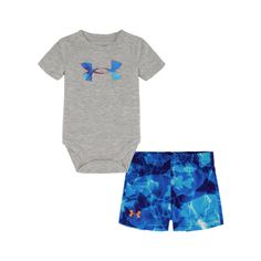 Summer Swimming Sets With Short Sleeves, Sporty Beach Sets For Summer, Casual Summer Swimming Set, Sporty Short Sleeve Bodysuit For Summer, Short Sleeve Cotton Swimwear For Play, Under Armour Blue Shorts For Summer, Blue Under Armour Summer Shorts, Bodysuit And Shorts, Camo Shorts