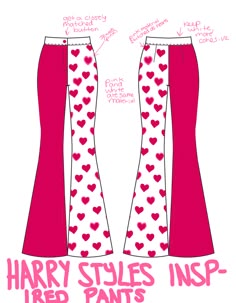 two women's pants with hearts on them and the words harry styles inspired pants