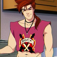 an anime character with red hair wearing a pink shirt and holding a knife in his hand