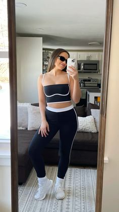 IG: @thejackiecastro | Alo Yoga, athleisure, workout set, 2 piece workout set, matching set, leggings, bra tank, yoga top, yoga bra, Adidas sneakers, white gym shoes, white gym sneakers, Pilates outfit, ootd, mirror picture, gym girl, gym aesthetic, gym outfit, errands outfit, clean girl aesthetic White Workout Set, Girl Gym Aesthetic, White Gym Shoes, Ootd Mirror, Gym Sneakers, Errands Outfit, White Gym, Aesthetic Gym