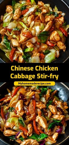 chicken and vegetable stir fry in a pan with the words chinese chicken cabbage stir fry