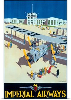 an advertisement for the imperial airways, with people walking around