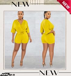 Women's Fashion Solid Color V-neck Half-sleeve Shorts Jumpsuit V-neck Jumpsuits And Rompers For Spring Night Out, Solid Color V-neck Jumpsuits And Rompers For Spring, V-neck Solid Color Jumpsuits And Rompers For Spring, Yellow V-neck Jumpsuits And Rompers For Work, Yellow V-neck Jumpsuits And Rompers For Party, Chic Yellow V-neck Jumpsuit, Yellow V-neck Jumpsuit For Parties, Yellow V-neck Jumpsuits And Rompers For Day Out, Alisha Berry