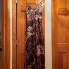 Beautiful Fabric And Pattern. Long Down To Ankles. Never Worn. Size Is Xs Casual Lined Maxi Dress For Evening, Casual Evening Maxi Dress Lined, Brown Silk V-neck Maxi Dress, Brown Fitted Lined Maxi Dress, Fitted Brown Lined Maxi Dress, Casual Brown Maxi Dress For Evening, Wedding Dress Fantasy, Fantasy Wedding Dress, Wedding Dress Drawings