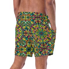 Fantastical Jungle Mandala Swim Trunks: A Vibrant and Symmetrical Pattern Design featuring Whimsical and Colorful Imaginary Plants and Creatures.Transform your wardrobe with this stunning pattern design, perfect for all-over print on Swim Trunks! The "Fantastical Jungle Mandala Swim Trunks" feature an intricate mandala that showcases the radial symmetry of whimsical and colorful imaginary plants and creatures, creating a mesmerizing and eye-catching effect.The mandala at the center of the design