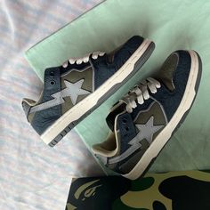 Color: Army Green Dark Blue Logo Patch At The Tongue Star Patch Detail Round Toe Outer: Grained Leather, Suede Sole: Rubber Lining: Fabric Size:Eu 39(Women's 6.5) Brand New In Box And No Stains. Bape Shoes Fake Snap, Bape Sk8 Sta, Sk8 Sta, Bape Shoes, Bape Sneakers, Ape Bape, Bathing Ape, Blue Logo, A Bathing Ape