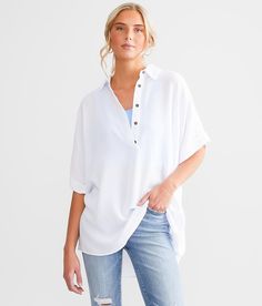 Hyfve One & Only Oversized Dolman Henley - White Large, Women's Offwhite Solid woven henley Cuffed sleeves Bust measures 50 on size small Body length 29 on size small. Layering piece(s) and/or accessories sold separately.. 80% Rayon 20% Polyester. Hand wash cold water. Do not bleach. Line dry. Iron low. Do not dry clean.. Measurements: Bust -Fullest part of bust with arms at sides. Waist -Circumference of natural waist: above belly button below rib cage. Hips -Standing with feet together fullest Casual White Split Neck Blouse, Casual White Blouse With Split Neck, White Casual Blouse With Split Neck, Relaxed Fit Split Neck Top For Day Out, Versatile White Blouse With Button Closure, White Versatile Blouse With Button Closure, Versatile White Blouse For Beach, White Effortless Collared Top, Versatile White Beach Blouse