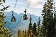 two gondola lifts with the words the all - new experience above them in front of mountains