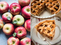 apples and pies on plates next to each other