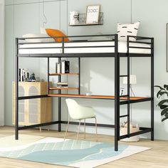 a loft bed with desk underneath it in a room that has white walls and wood flooring