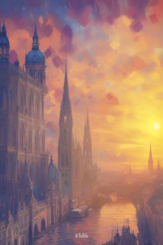 Fantasy art with a unique urban landscape at sunrise Sunrise City, Fantastic Wallpapers, European Cities, Instagram Page, Digital Content, Urban Landscape, Fantasy Landscape